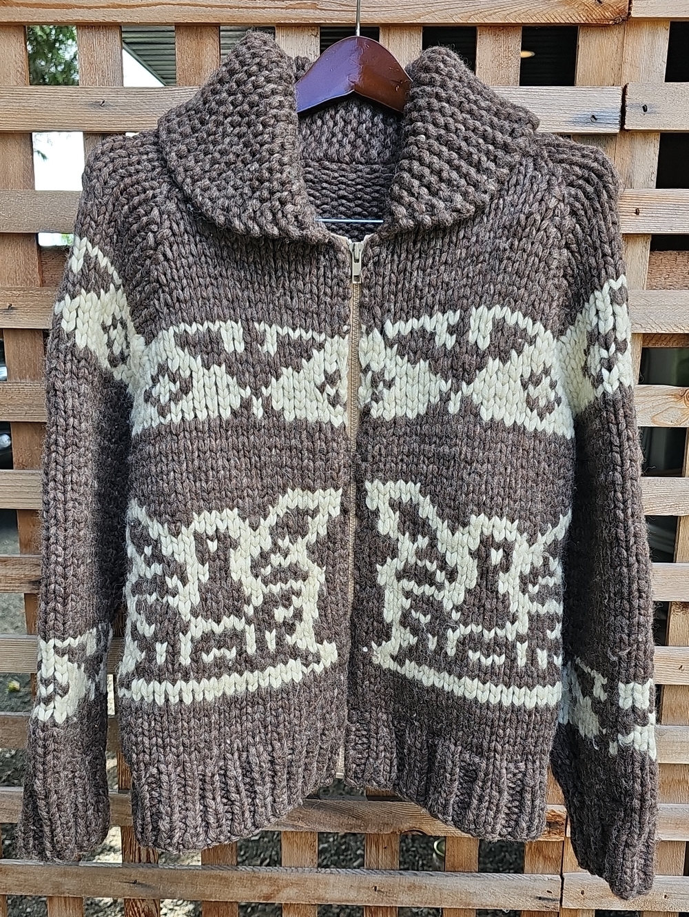 Vintage Cowichan Knit Zip-Front Sweater Jacket in Brown & Cream